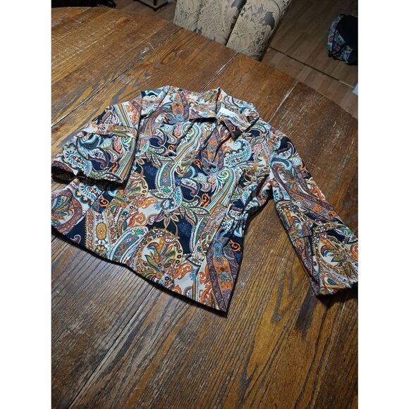 Medium Erin Jordon Paisley Floral Full Zip Blazer Jacket 3/4 Ruffle Sleeve - Picture 1 of 6